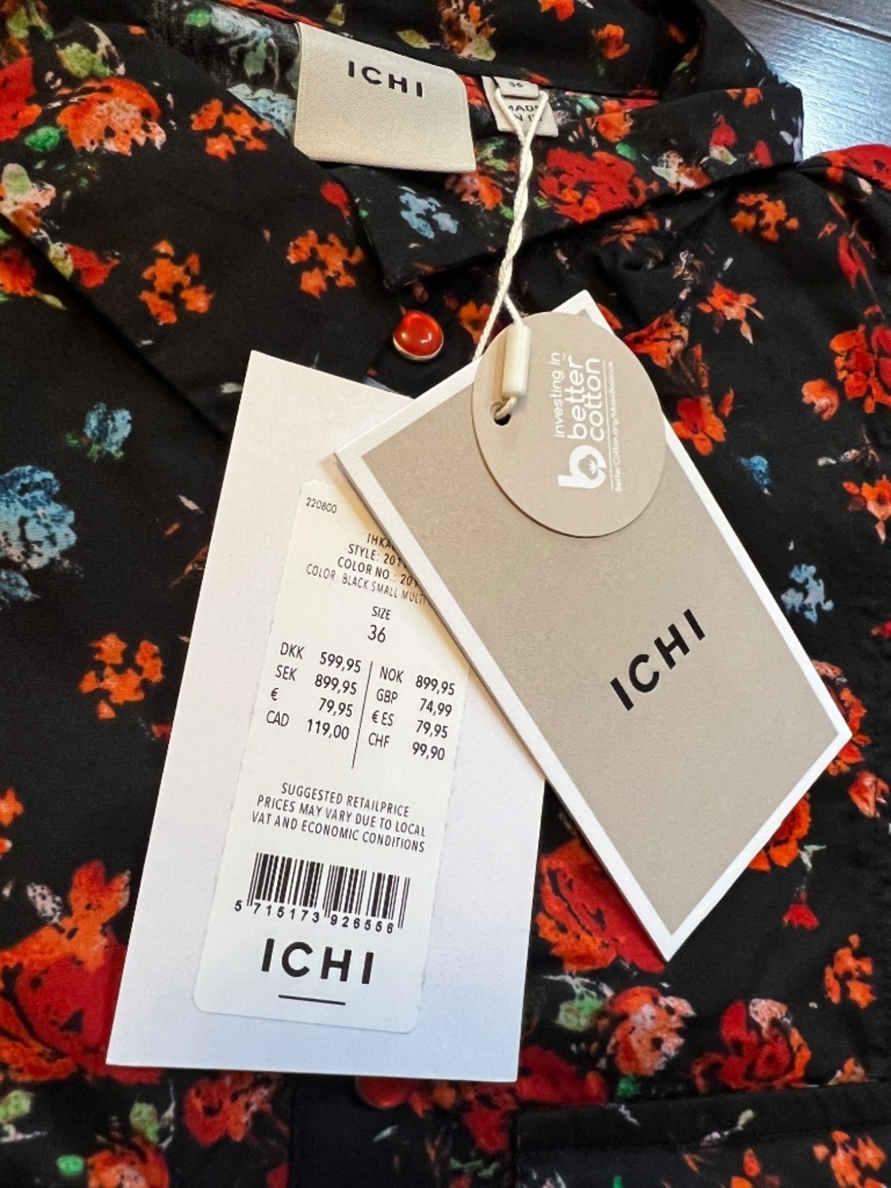 ICHI Kalo Floral Puff Sleeve Cotton Mini Shirt Dress NWT Sz 36 / US Small - Picture 7 of 8